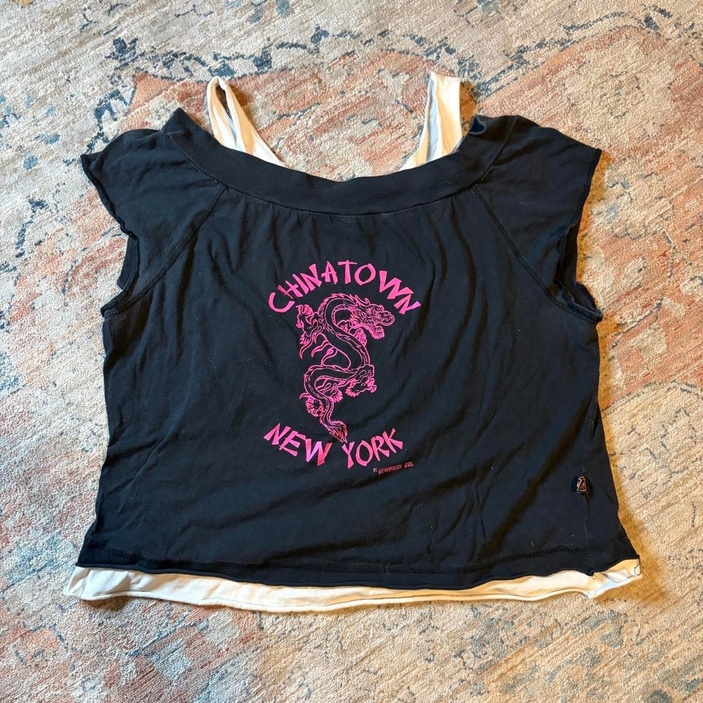 Newbreed Girl Y2K Chinatown New York Dragon Layered Crop Top Black Pink XL